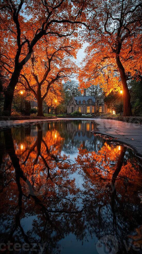 Vibrant autumn foliage reflects in serene pond at dusk in peaceful park setting photo