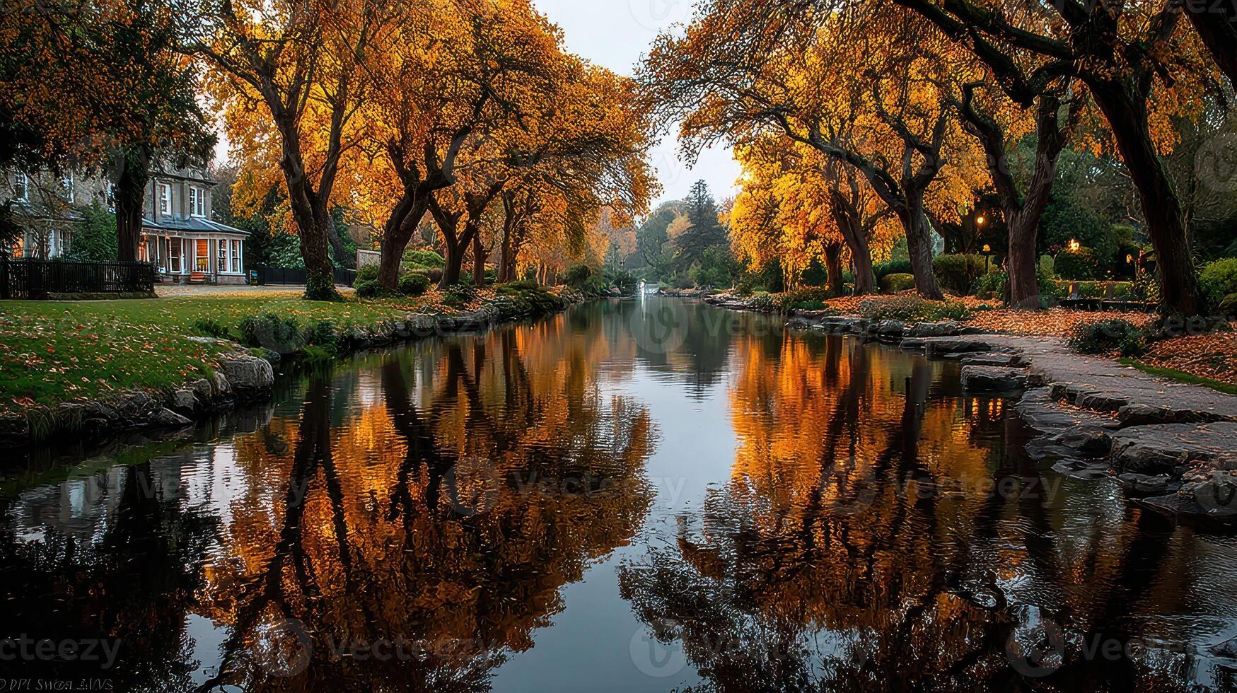 Vibrant autumn colors reflecting on a serene waterway surrounded by trees in a peaceful park setting photo