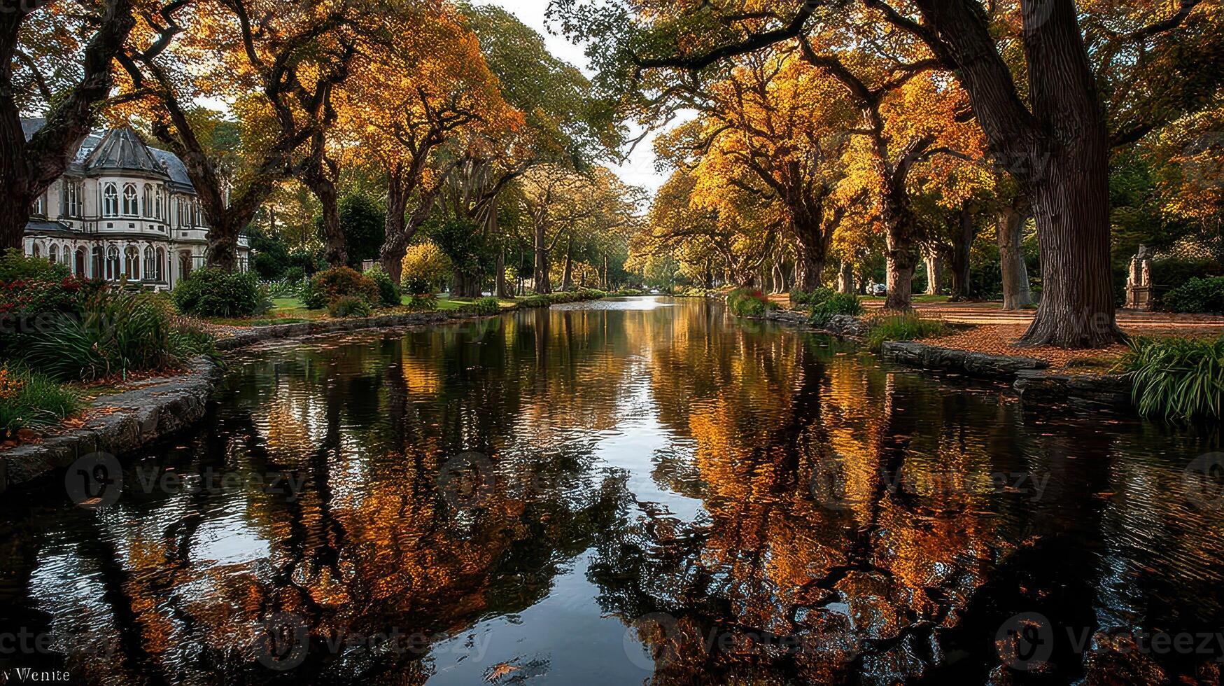 Autumn reflections on a tranquil canal surrounded by vibrant foliage in a peaceful park setting photo