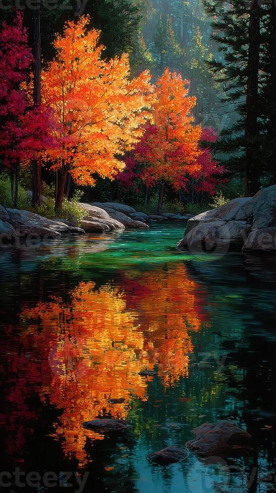 Colorful autumn trees reflect in a serene river surrounded by rocky banks in a tranquil landscape setting photo