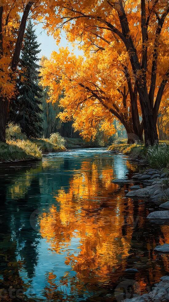 Colorful autumn landscape featuring vibrant orange trees by a serene river in a tranquil nature setting photo
