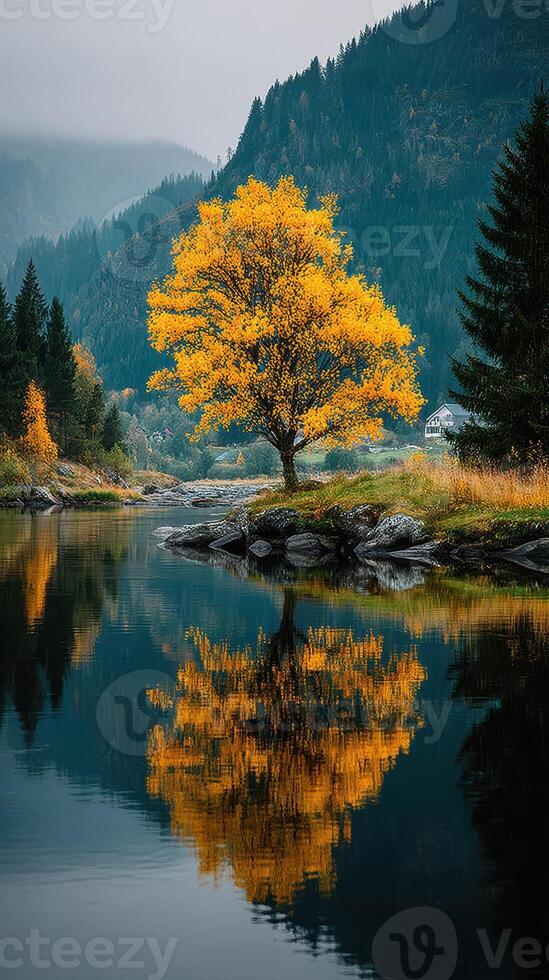 Majestic autumn tree reflecting in calm river near mountains in serene landscape setting photo