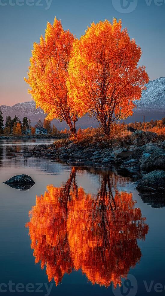 Vibrant autumn foliage reflects in quiet lake surrounded by mountains during sunset in a serene natural setting photo