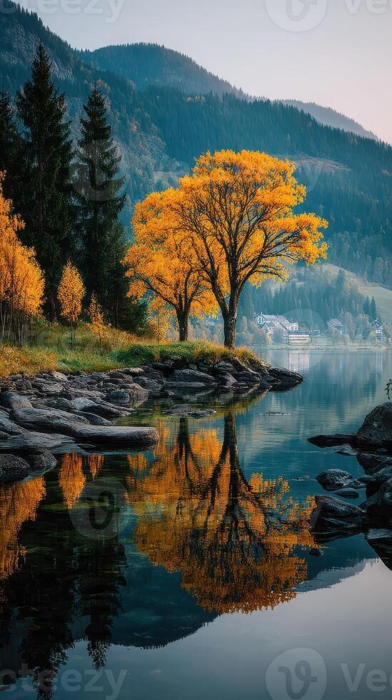 Reflections of autumn trees by the calm river in the mountains during golden hour photo