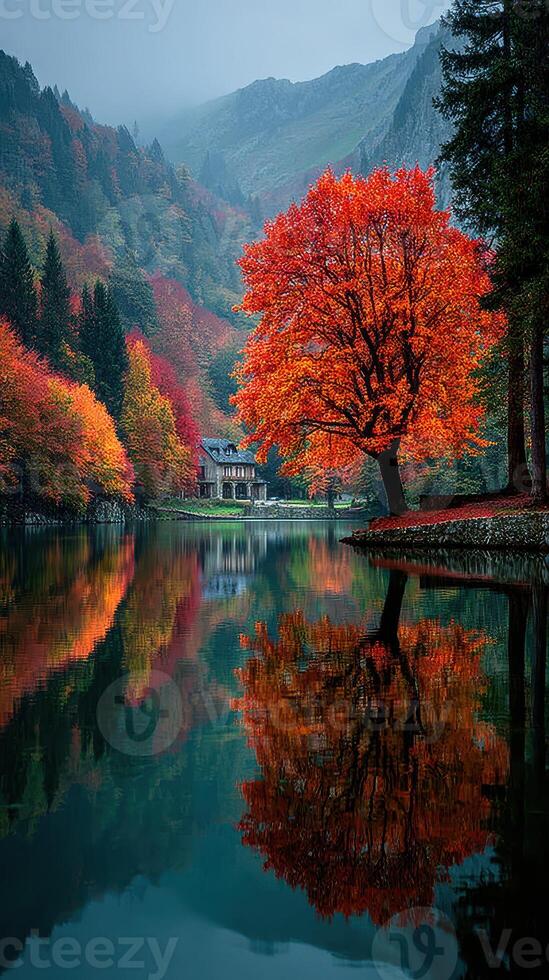 Lush autumn colors reflect on tranquil lake beside mountain in a serene nature setting photo