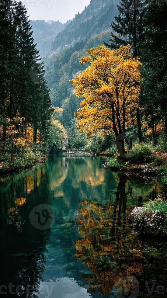 Autumn colors reflect on calm water in a serene forest landscape near a mountain photo