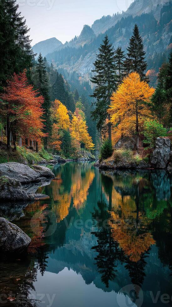 Autumn colors reflect in a tranquil mountain lake surrounded by vibrant trees in the early morning light photo
