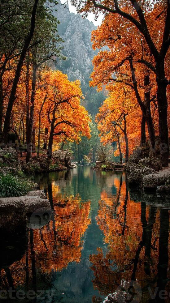 Colorful autumn landscape with golden trees by a serene river in a mountainous region during a tranquil morning photo