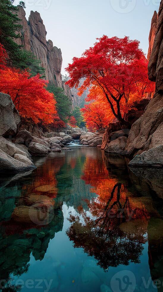 Autumn colors reflect in a serene river surrounded by vibrant red trees and rocky terrain in a tranquil landscape photo
