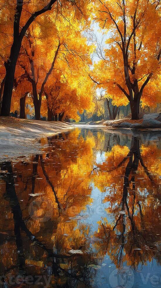 Autumn leaves reflect in calm water along a serene river during a sunny afternoon in early fall photo