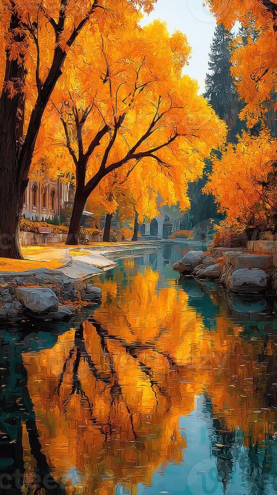 Vibrant autumn trees reflecting on a tranquil river in a scenic park location photo