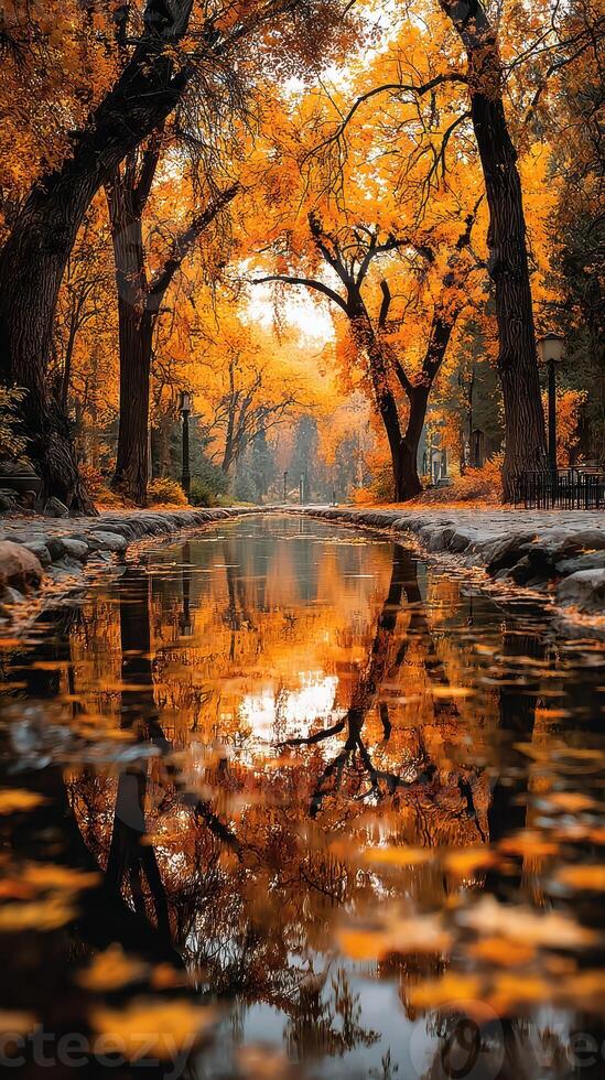 Autumn foliage reflects beautifully in a calm creek surrounded by trees in a peaceful park setting photo