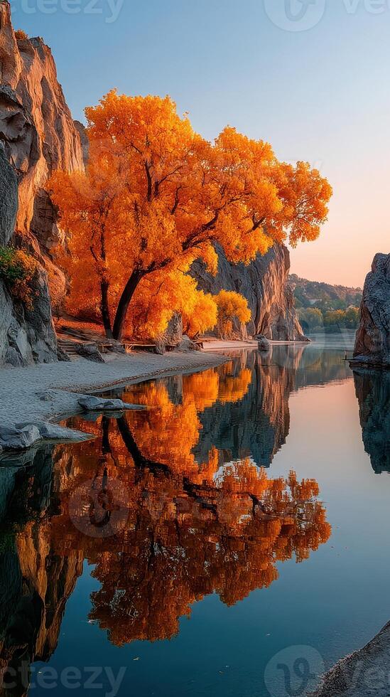 Golden autumn tree reflects in calm river surrounded by rocky landscape during sunset in a serene location photo