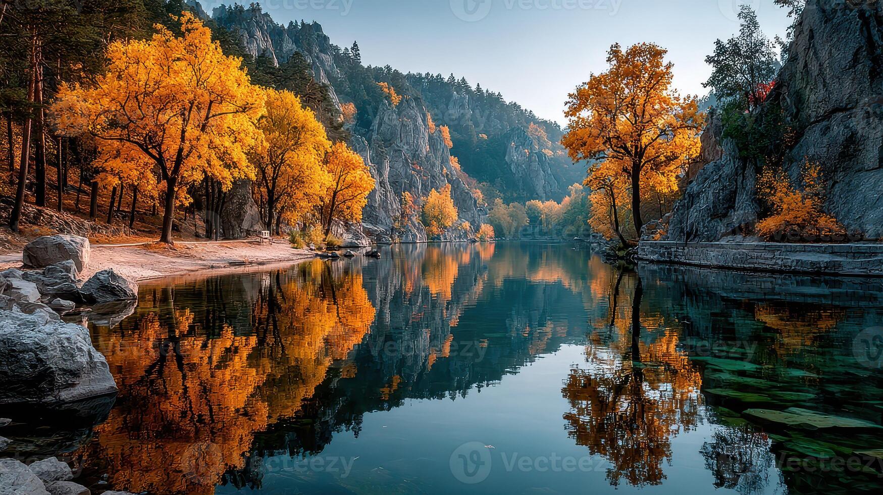 Vibrant autumn foliage reflecting on a calm river in a serene natural landscape during the golden hour photo