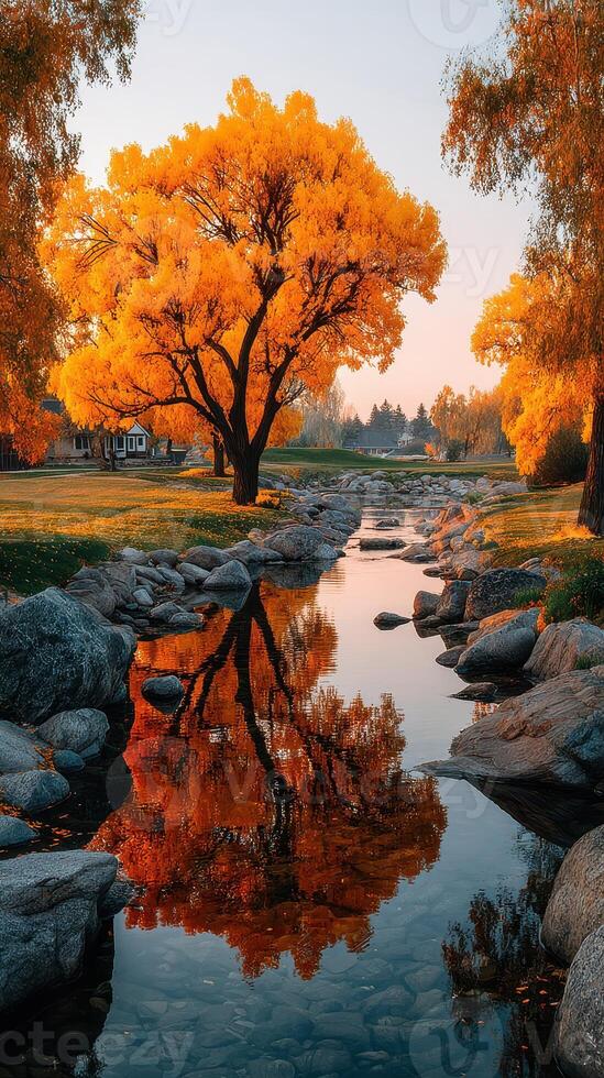 Vibrant autumn colors reflected in a peaceful stream surrounded by trees at sunset photo