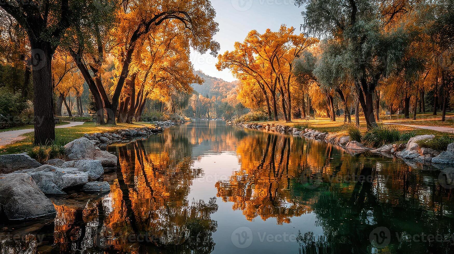 Autumn tranquility with golden trees reflecting on a calm riverside at sunrise in a serene park setting photo
