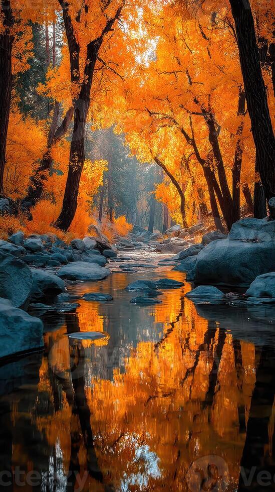 Vibrant autumn colors along a tranquil river in a forested area during daytime photo