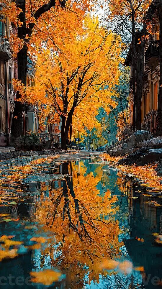 Golden autumn foliage reflects in a tranquil puddle on an urban street in a serene neighborhood setting photo