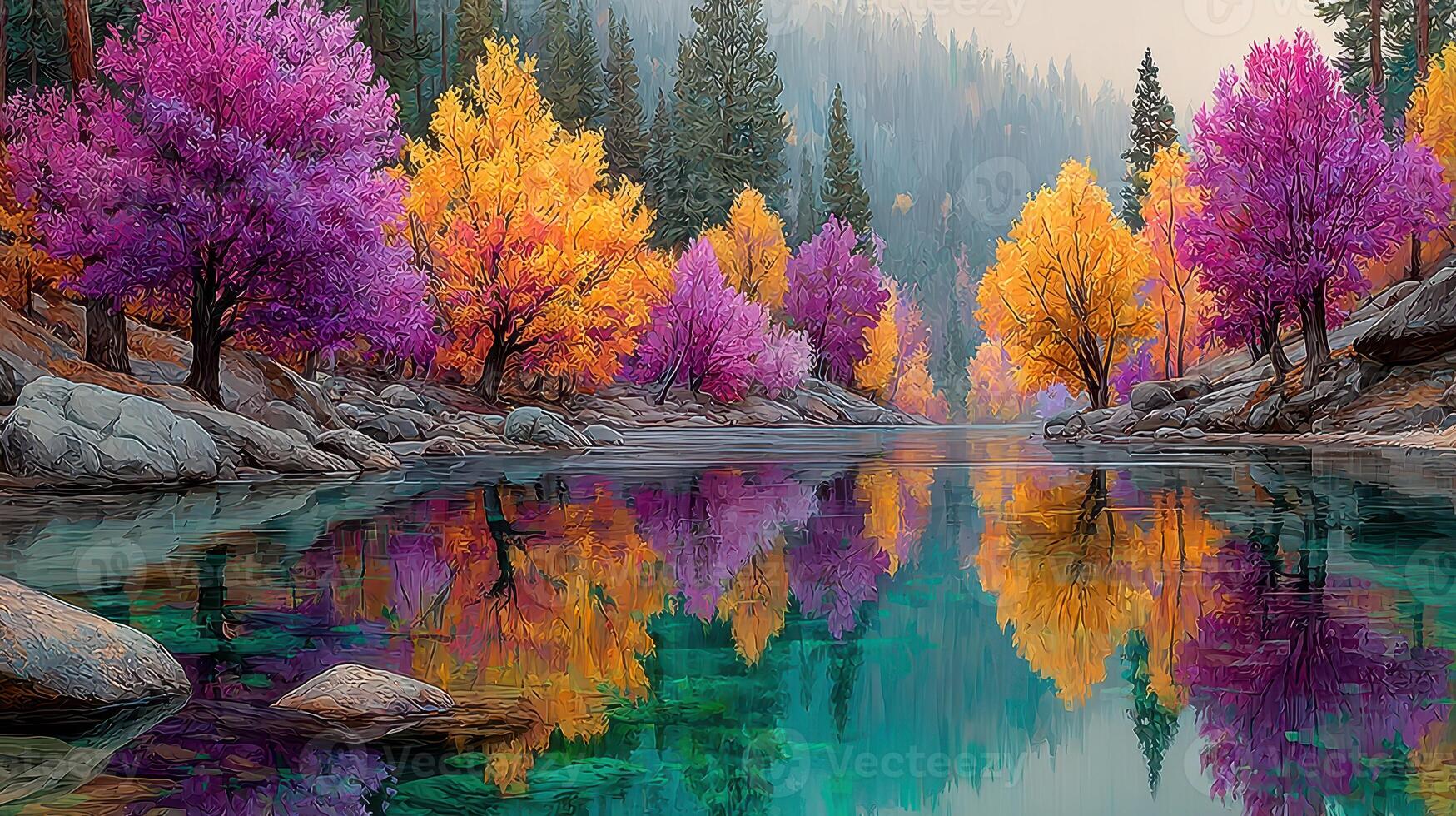 Vibrant autumn landscape with colorful trees reflecting in serene water at tranquil lakeside photo