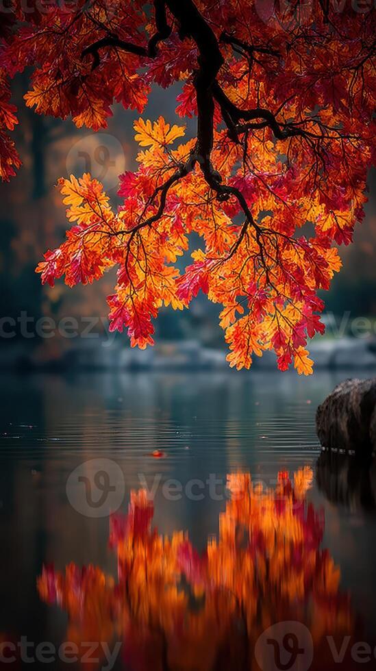 Autumn leaves reflect in calm water at lakeside during a serene fall afternoon photo