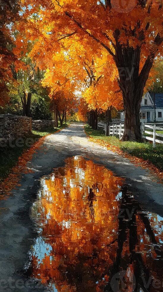 Bright autumn foliage reflects in puddles along a tranquil country road lined with trees in late afternoon light photo