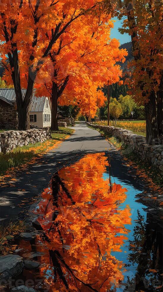Vibrant autumn landscape featuring orange trees and a serene reflection along a countryside road photo