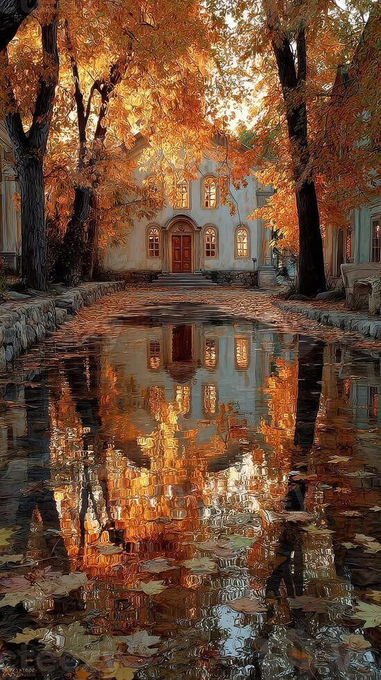 Autumn leaves reflect beautifully in serene water near an enchanting house in a peaceful setting photo