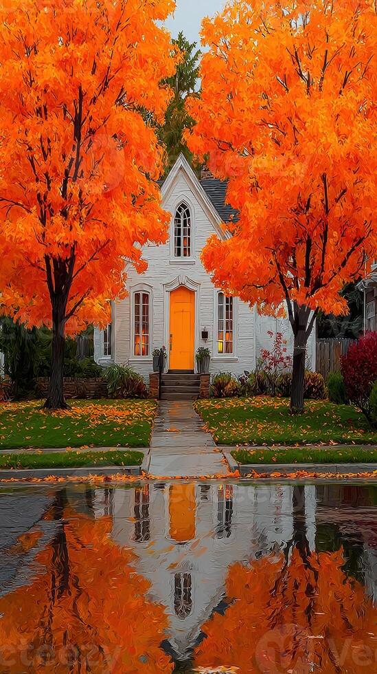 Bright orange trees reflect in puddles near a quaint white house during autumn photo
