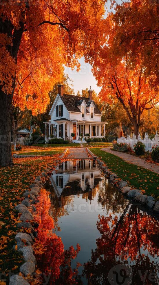 Charming house surrounded by vibrant autumn leaves near a serene pond during sunset in a rural setting photo