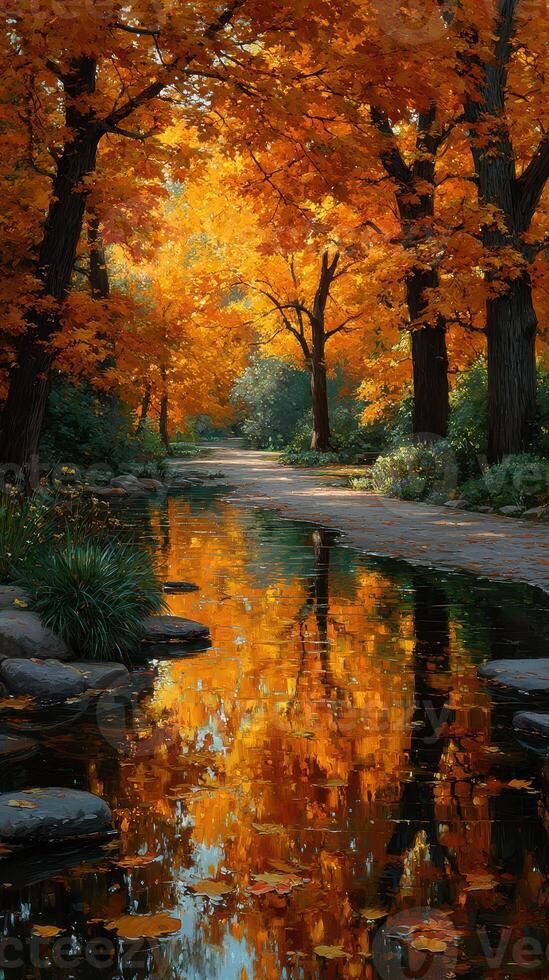 Autumn leaves create a stunning reflection along a peaceful creek in a quiet forest during late afternoon light photo
