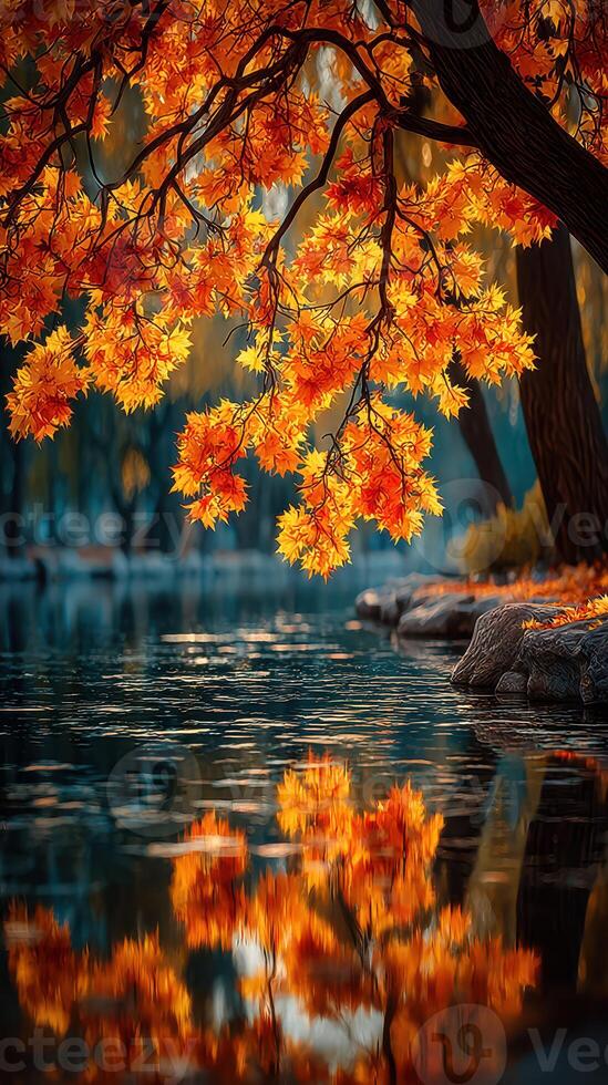 Vibrant fall foliage reflects on tranquil water in a serene park during autumn afternoons photo