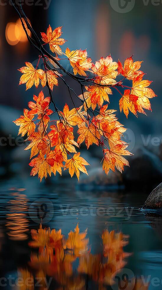 Vibrant autumn leaves reflecting in tranquil water during early evening photo