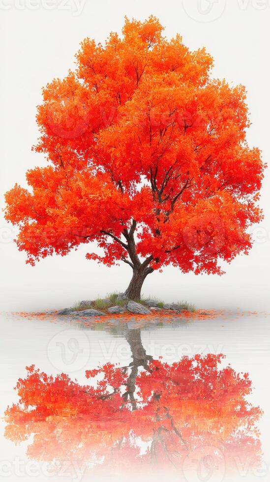 Stunning autumn tree with vibrant orange leaves reflecting in calm water under soft light photo