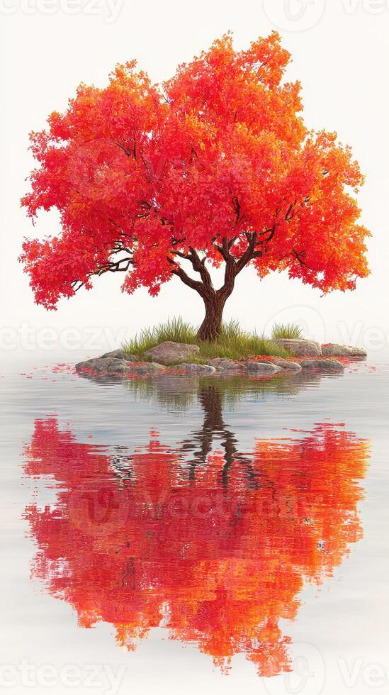 Vibrant red tree reflects beautifully on calm water at sunrise, creating a peaceful and serene natural landscape photo