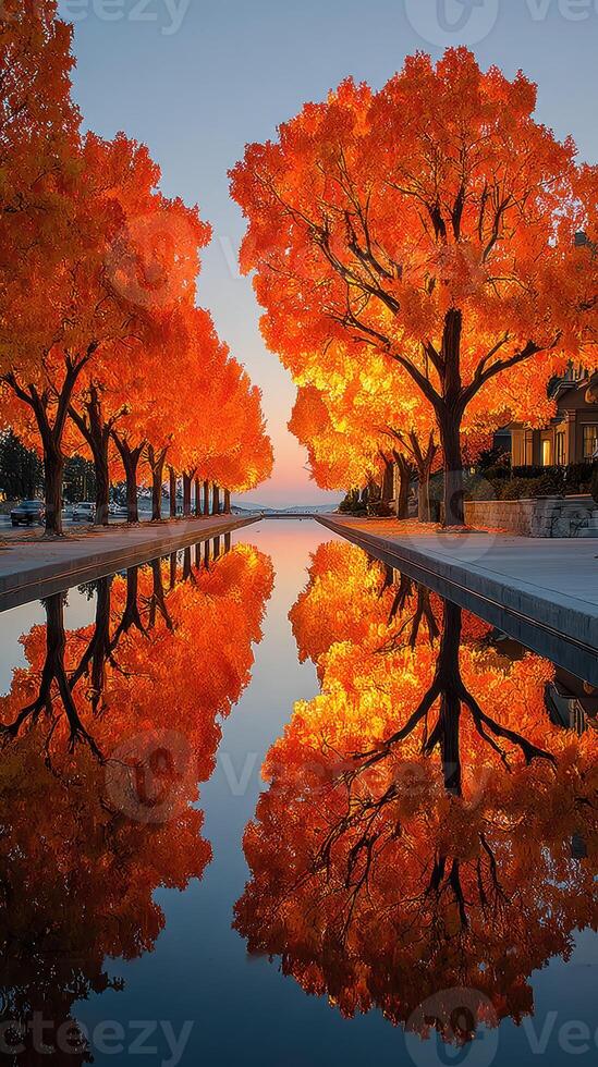 Vibrant autumn trees reflect in calm water during sunset beside a peaceful walkway photo