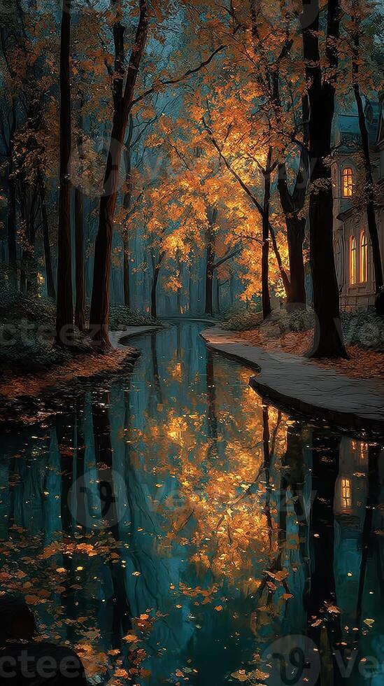 Tranquil autumn evening by a serene river surrounded by golden foliage and softly lit windows photo