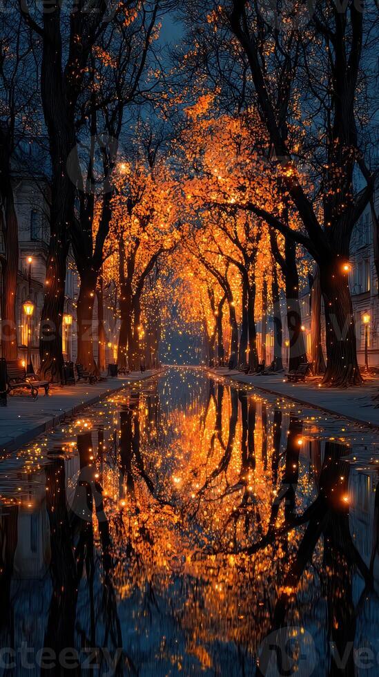 Autumn evening walk along illuminated tree-lined canal with reflections in water photo
