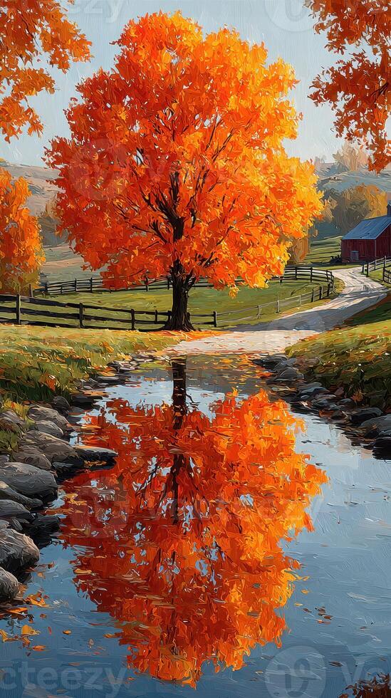 Vibrant orange tree reflected in calm waters during a serene autumn afternoon in a peaceful countryside setting photo