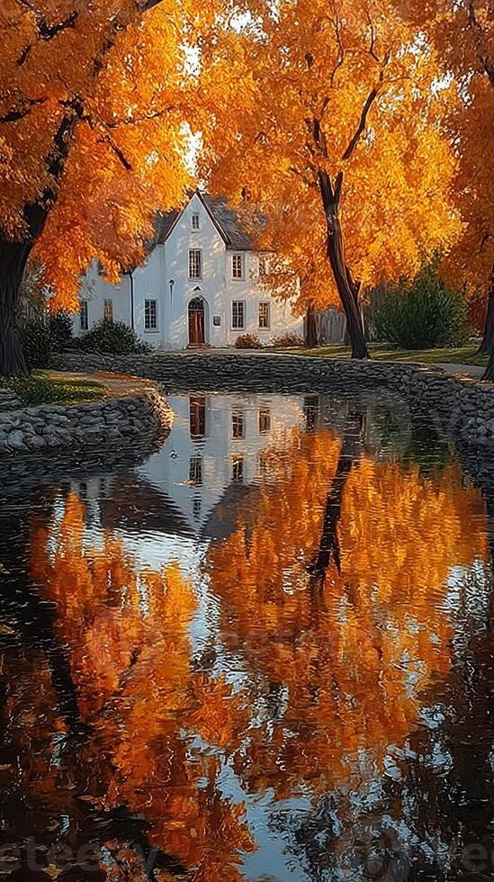 Beautiful autumn reflection in a serene canal near a historic white house surrounded by vibrant orange trees photo