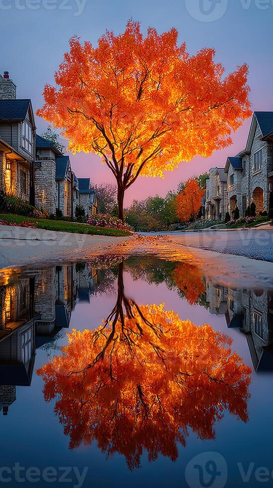 Vibrant autumn tree reflects in puddle beside charming homes during golden hour photo