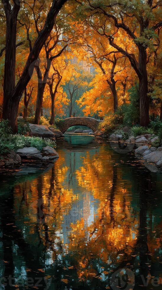 Majestic autumn colors reflect in tranquil waters under a historic bridge in a serene park photo