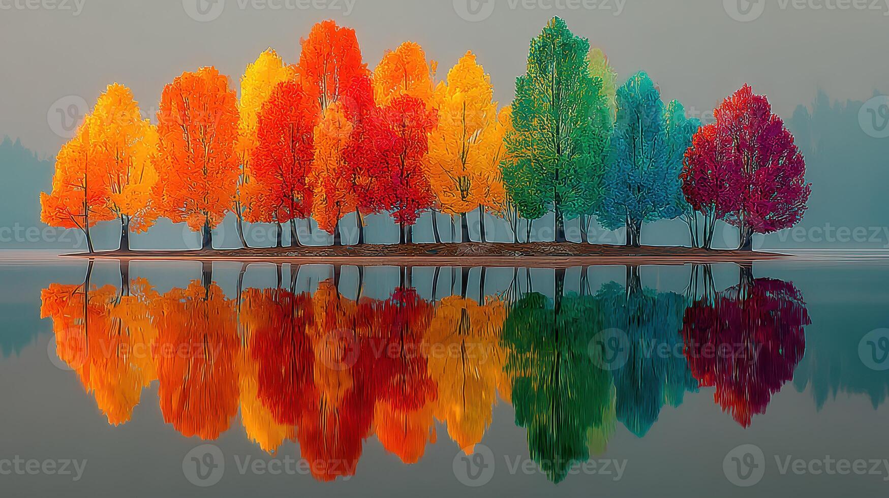Colorful autumn trees reflecting in calm water on a tranquil lake during early morning photo