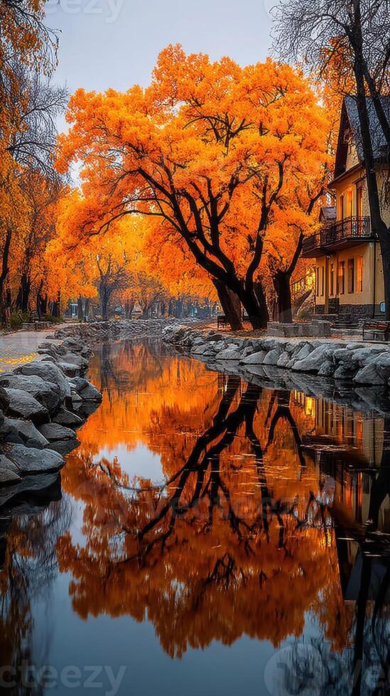 Stunning autumn trees reflect in calm water by a quaint building in a serene countryside setting photo