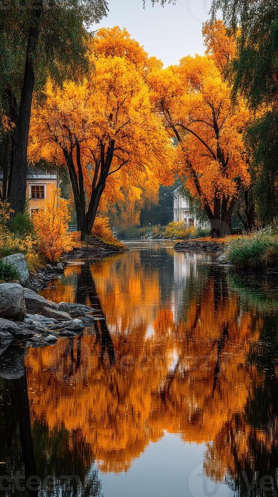 Bright autumn foliage reflects on calm water in a serene landscape setting during golden hour photo