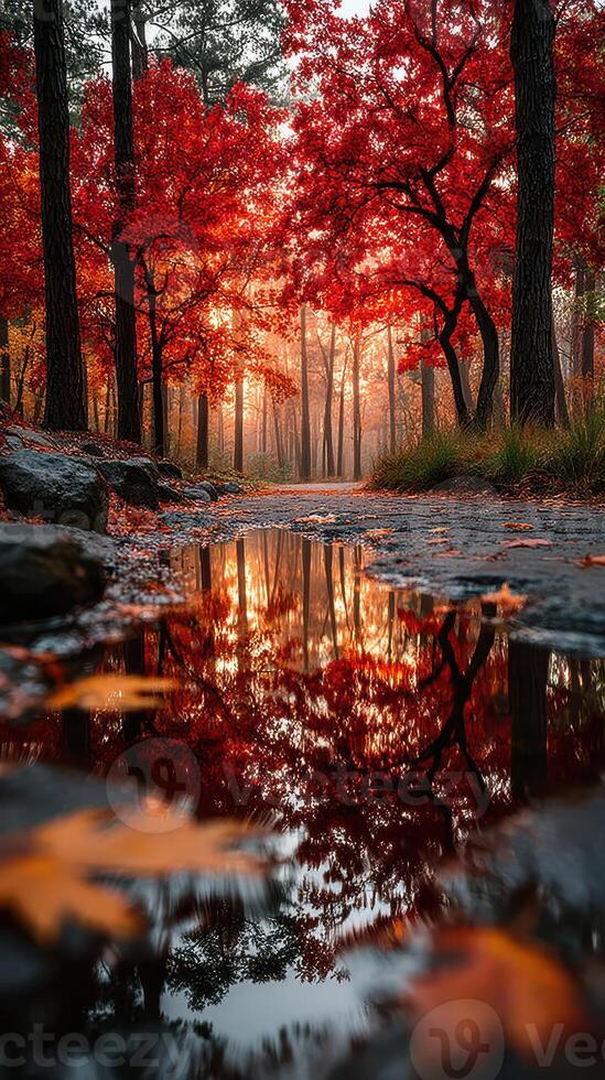 Autumn leaves reflect in a tranquil puddle along a winding forest path at sunrise photo