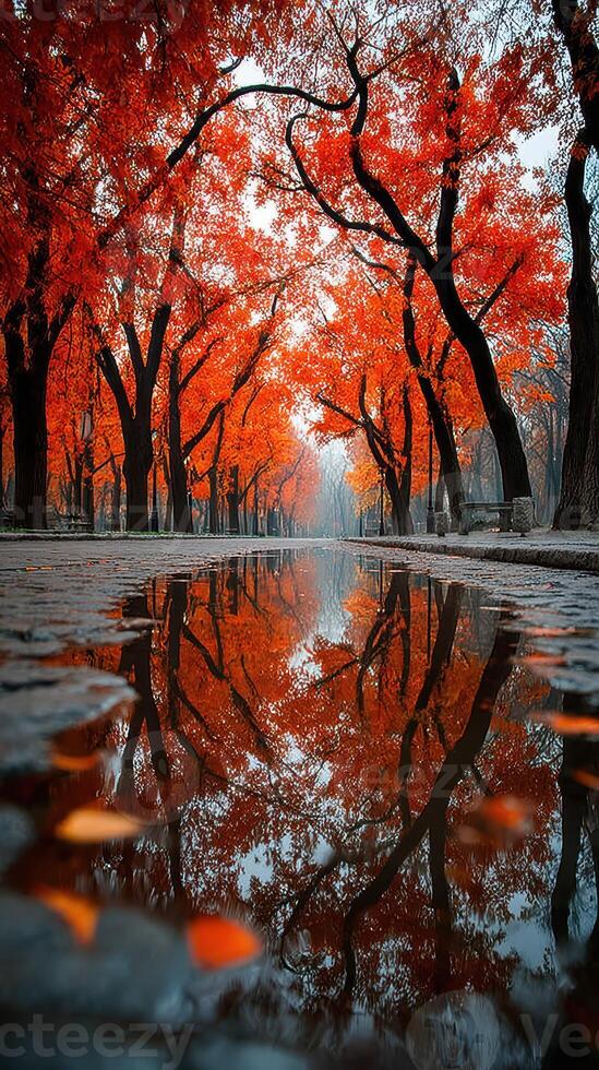 Vibrant autumn colors reflected in a tranquil puddle on a peaceful pathway lined with trees photo