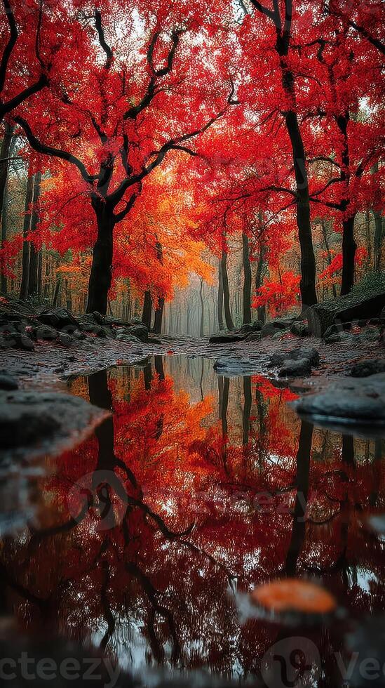 Vibrant autumn forest with red leaves reflecting in calm water at dawn photo