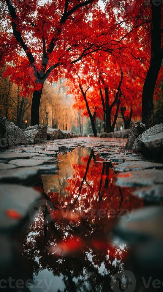 Vibrant red trees reflect in serene water during autumn at a tranquil park pathway photo