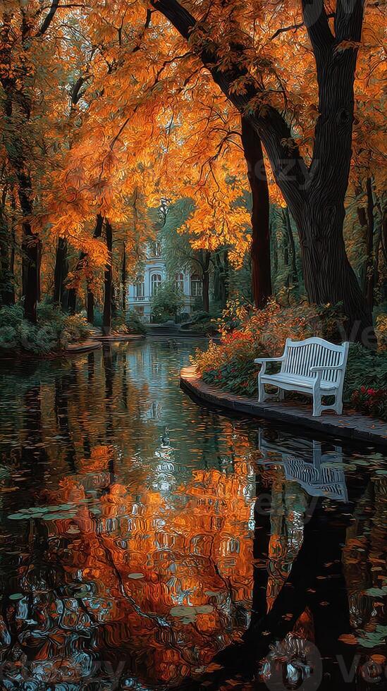 Vibrant autumn landscape with a serene lake reflecting colorful trees and a white bench in a tranquil setting photo