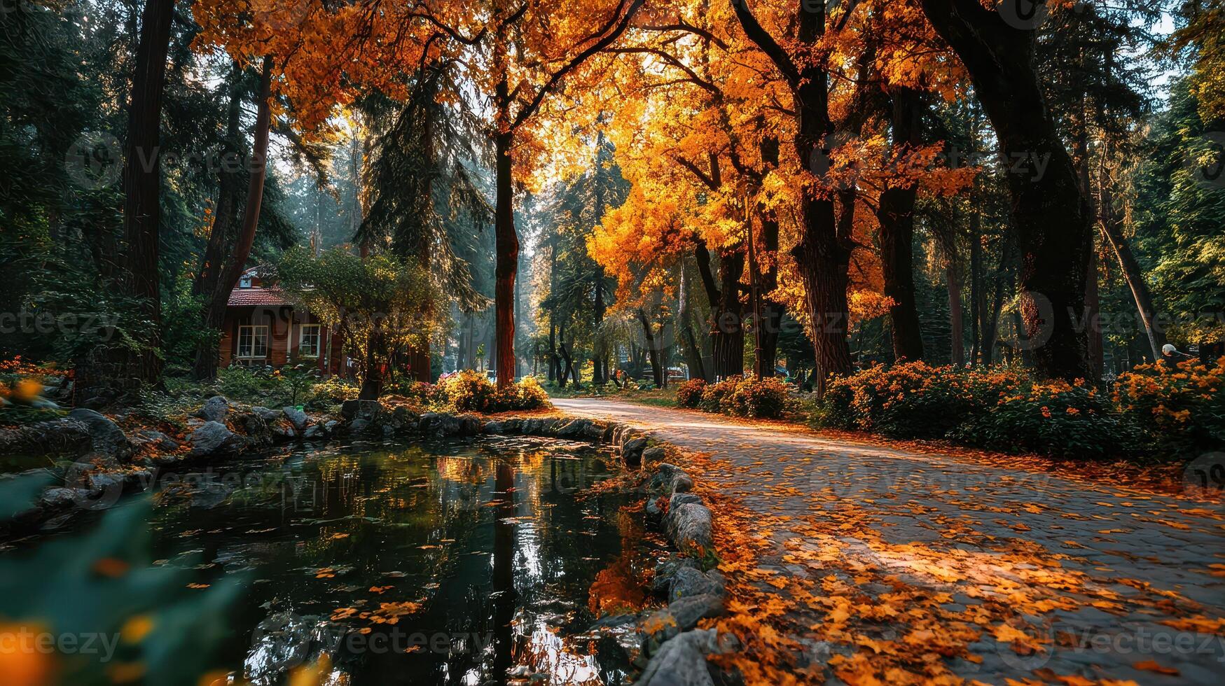 Autumn pathway lined with vibrant trees and a tranquil pond in a serene forest setting photo